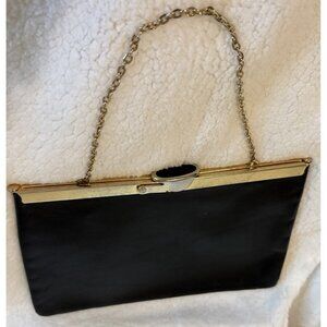 Vintage Etra Leather Clutch Purse Black Evening Bag Gold Chain